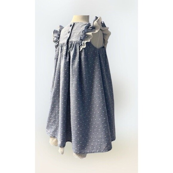 Blue Polka Dot Girls Dress Lace Trim Bow Ruffle Sleeves Classic VTG Inspired 4T - Picture 4 of 8